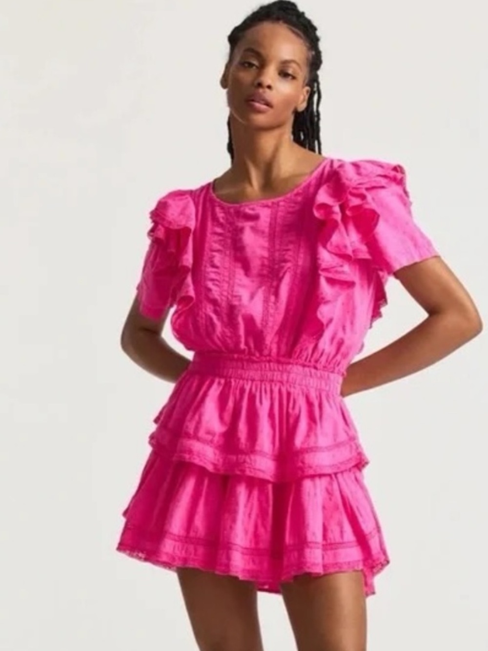 LoveShackFancy Hot Pink Ruffled Tiered Mini Dress size m